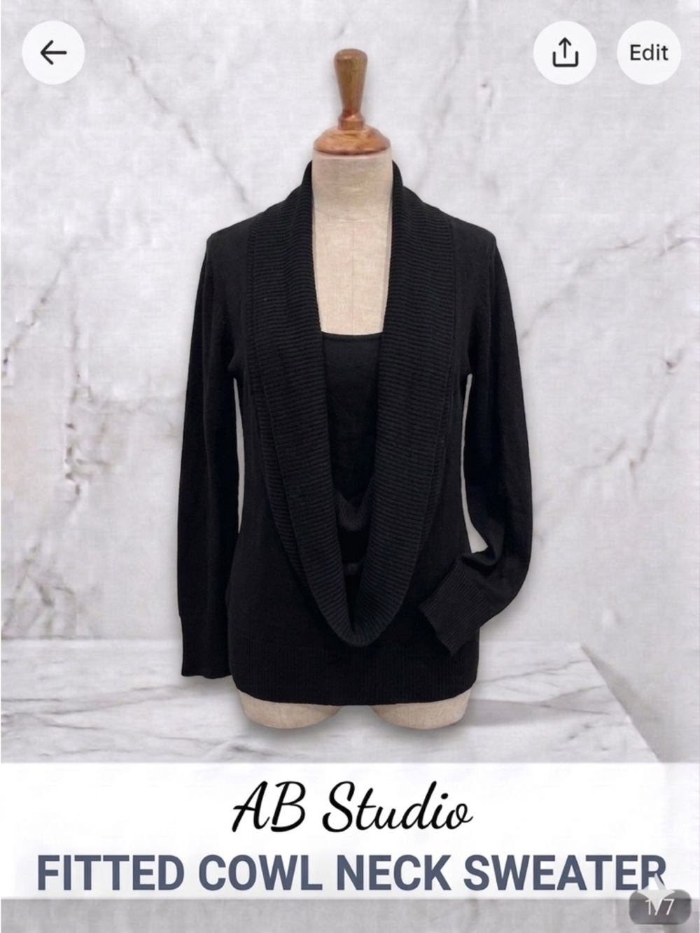 AB Studio Elegant Black Cowl Neck Sweater Size M